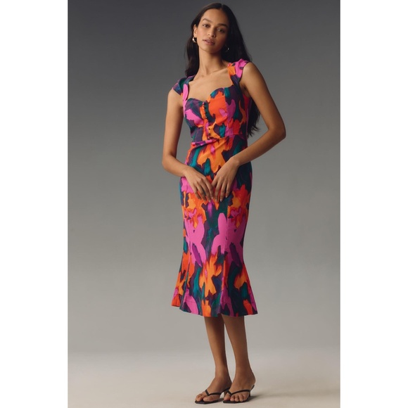 RARE sz L Maeve Cecily fit & flare sweetheart Colorful Midi Dress Anthropologie - Picture 4 of 6